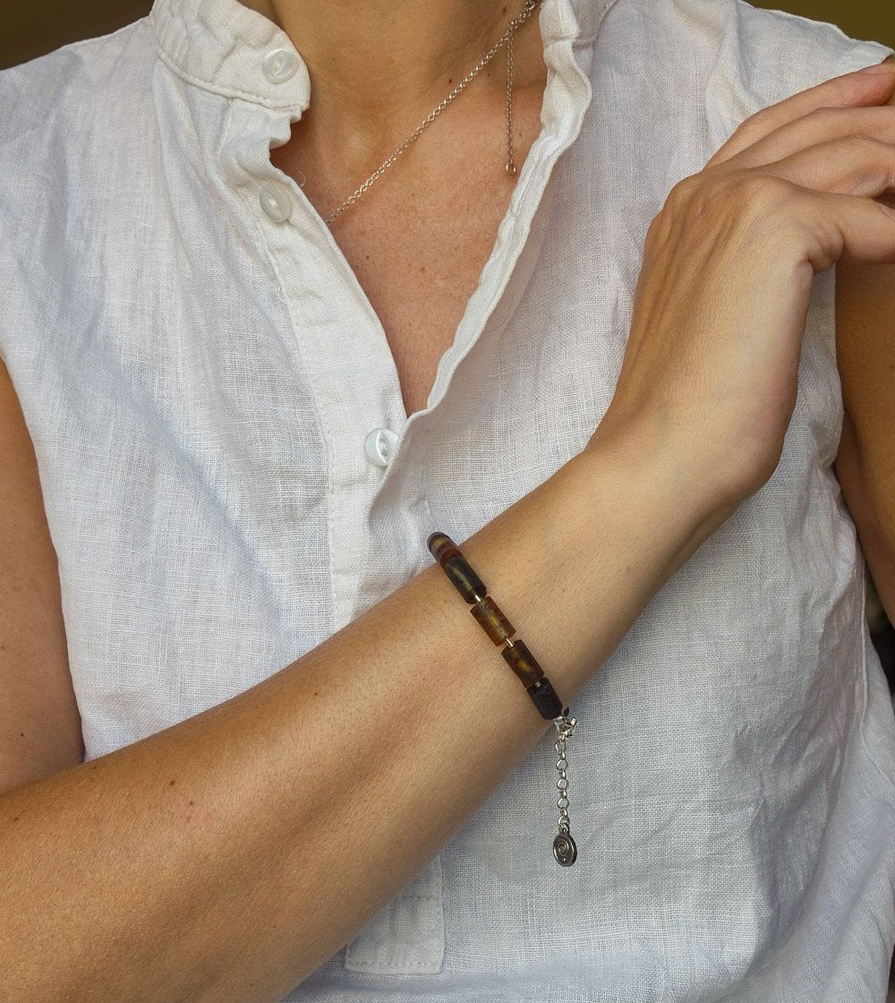 Black Baltic Amber Adjustable Silver 925 Bracelet for Women "Sun Stories"