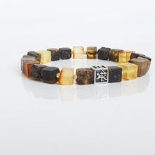 Load image into Gallery viewer, Bracelet with multicolored Baltic amber square beads on a white background with Vytis