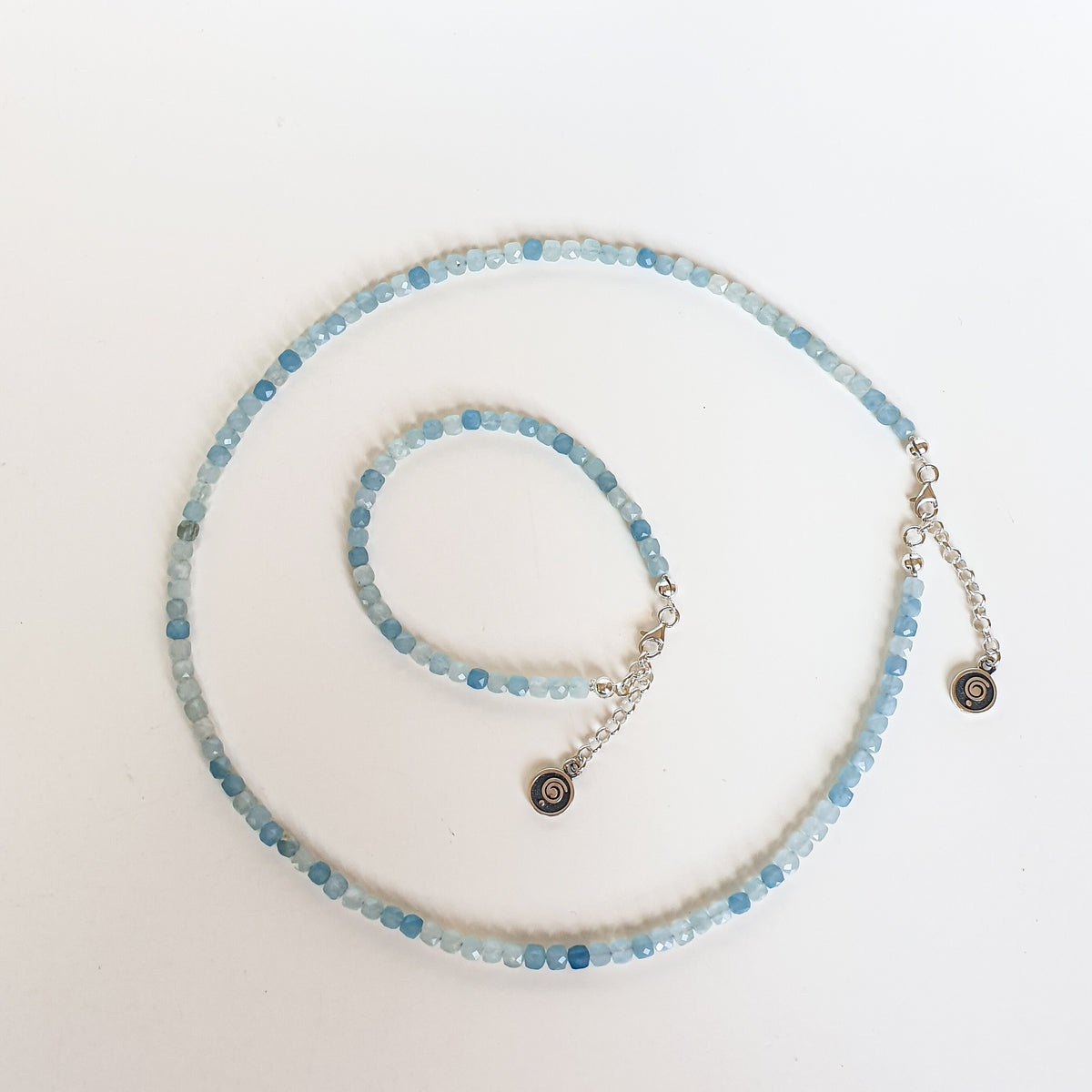 Set of Aquamarine cube Silver 925 Necklace and Bracelet for Women "Stone of Faith"