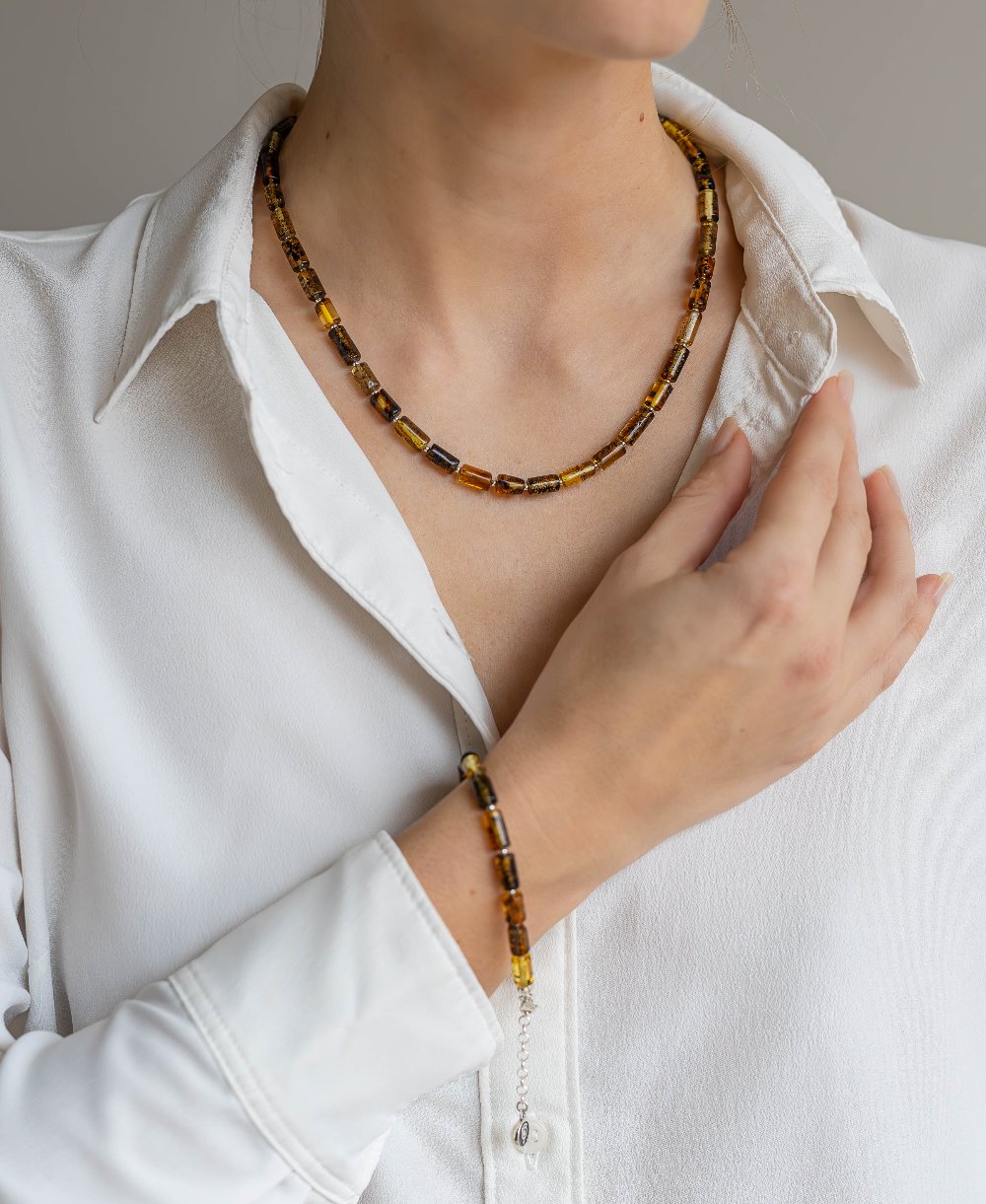 Set of Baltic Amber Silver 925 Necklace and Bracelet for Women Honey Colour "Sun Stories"