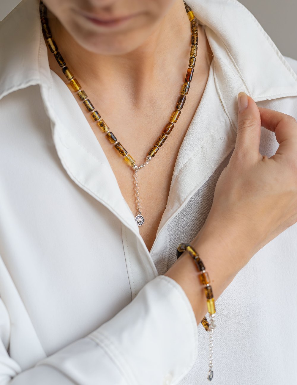 Set of Baltic Amber Silver 925 Necklace and Bracelet for Women Honey Colour "Sun Stories"