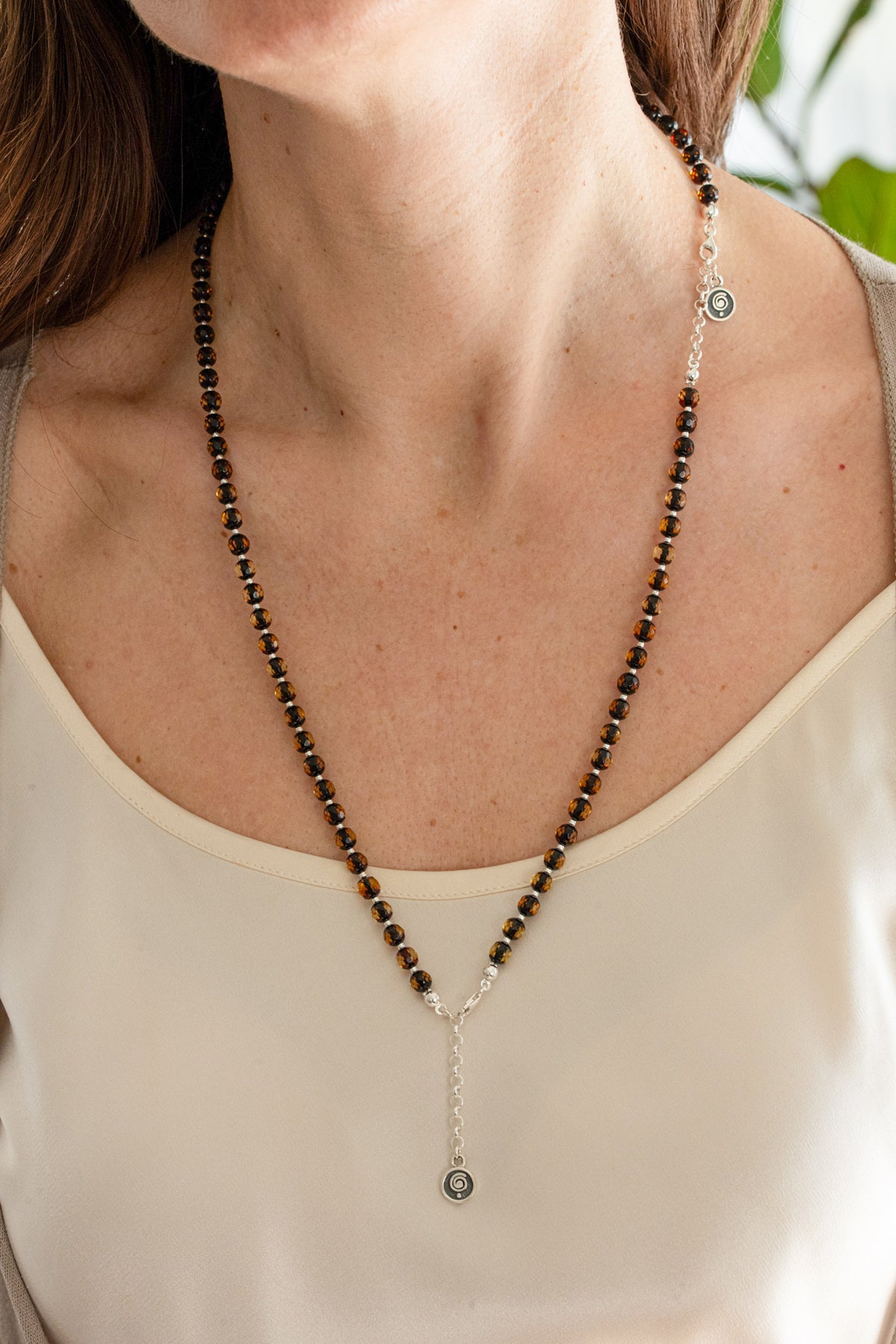 Natural Faceted Two-Tone Baltic Amber and Sterling Silver 925 Bracelet and Necklace Set