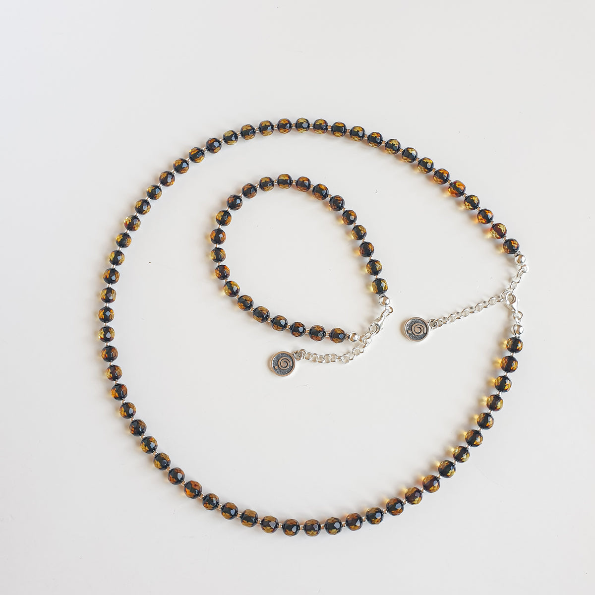 Natural Faceted Two-Tone Baltic Amber and Sterling Silver 925 Bracelet and Necklace Set