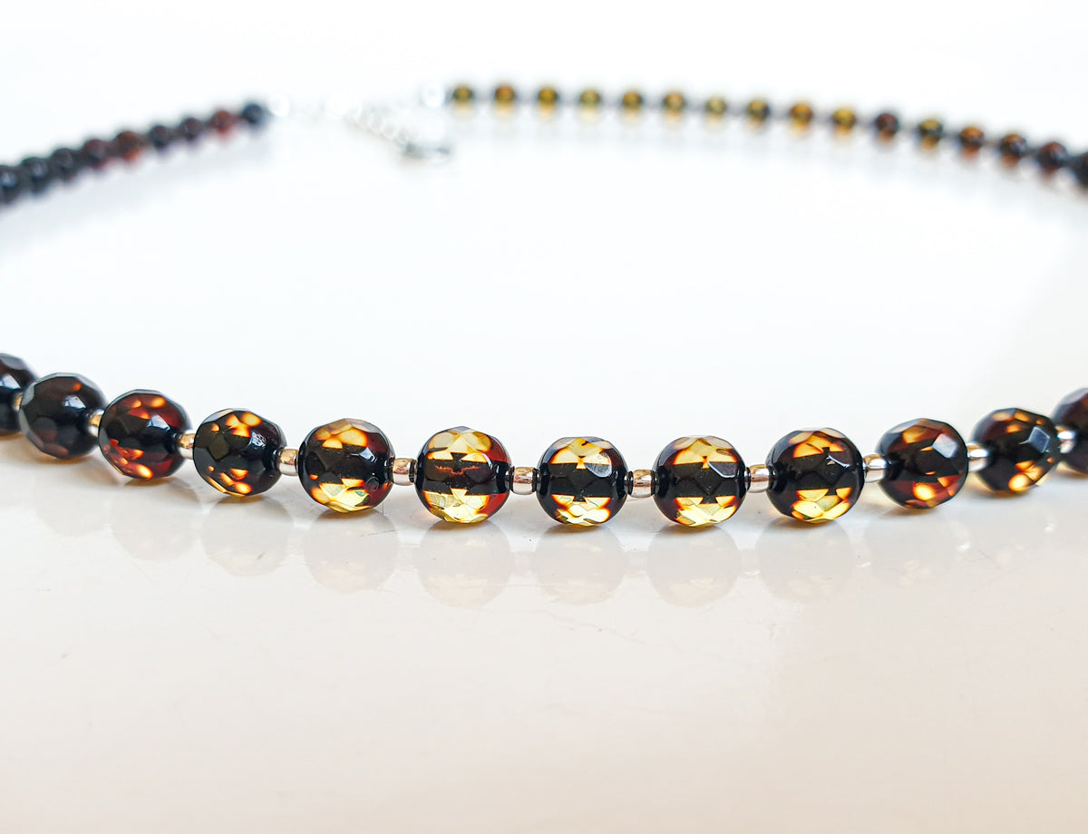 Natural Faceted Two-Tone Baltic Amber and Sterling Silver 925 Bracelet and Necklace Set