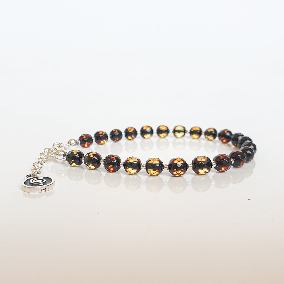 Natural Faceted Two-Tone Baltic Amber and Sterling Silver 925 Bracelet and Necklace Set