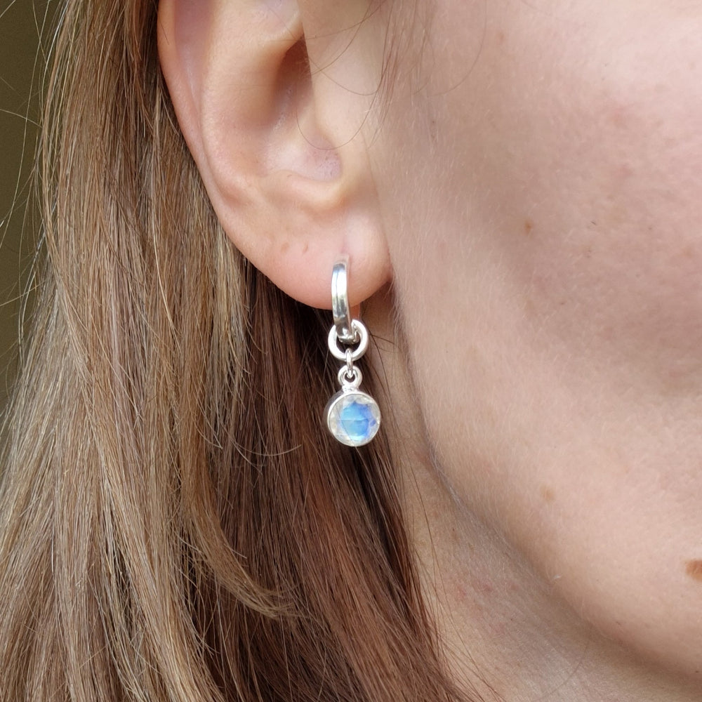 Elegant Round Silver 925 Earrings "Intuition" with High Grade White-Blue AAA grade Moonstone